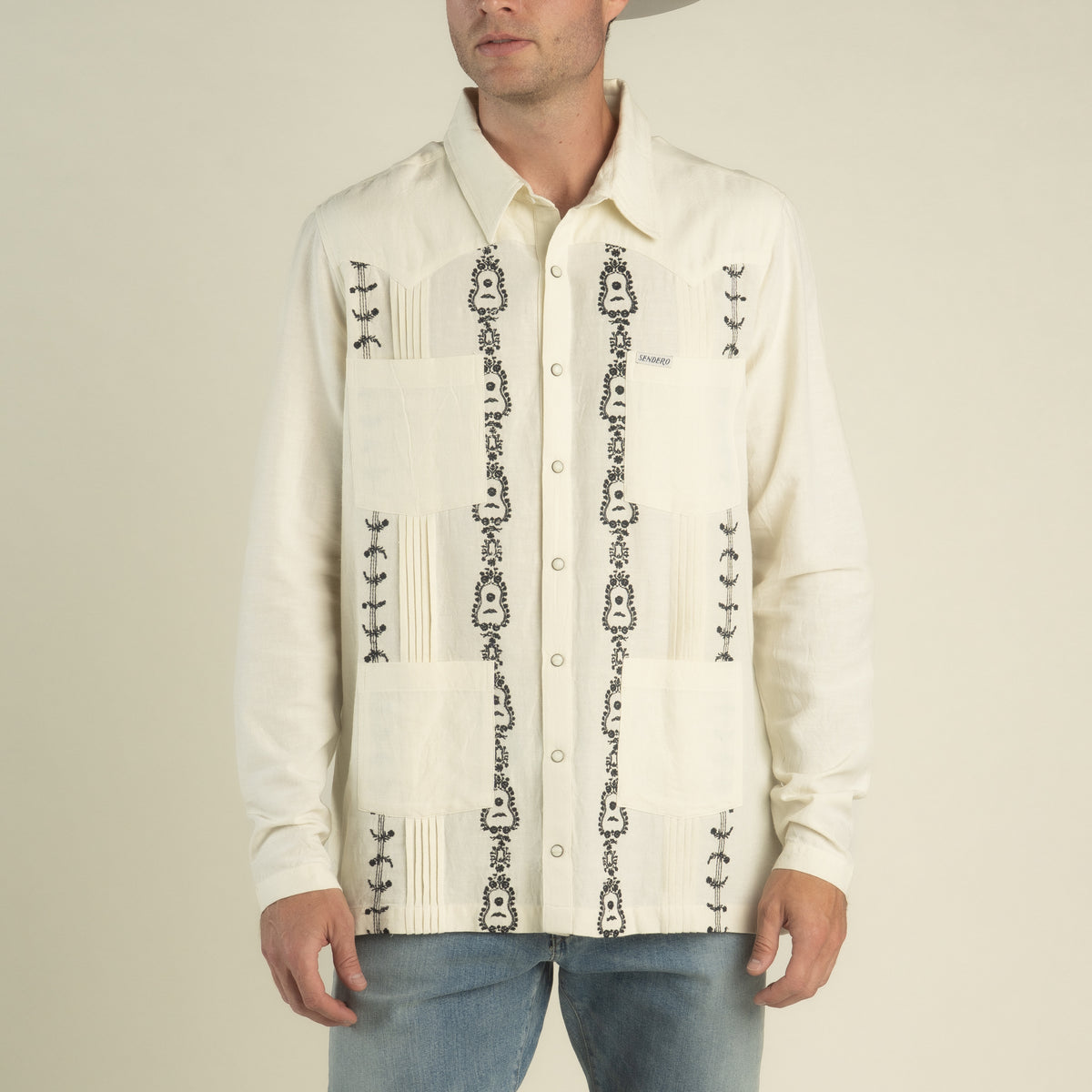 Caballero Guayabera Long Sleeve Shirt - Guitar Stripe - Cream