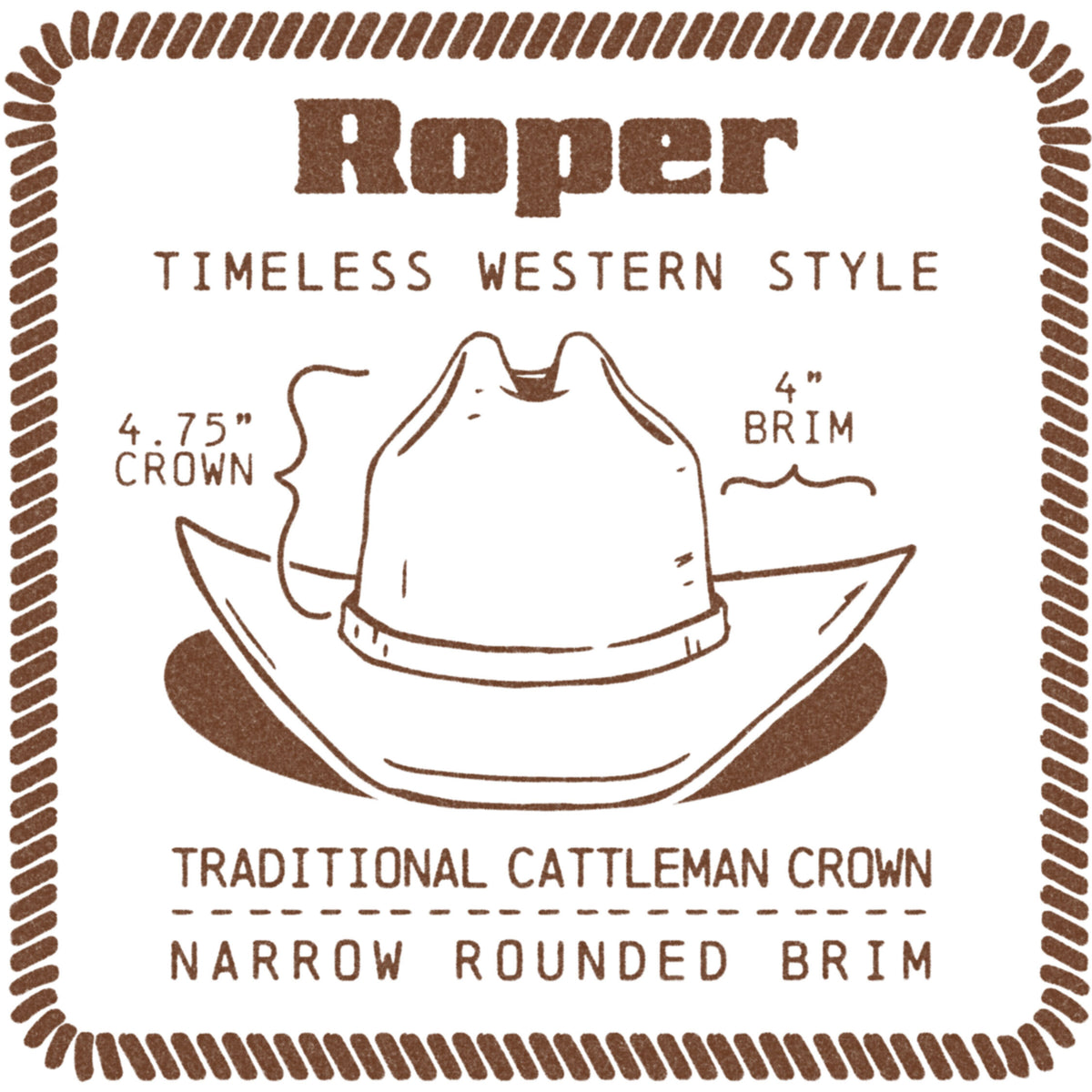 Roper Cowboy Hat. Traditional cattleman crown, narrow rounded brim. 4 3/4" Crown and 4" Brim. 