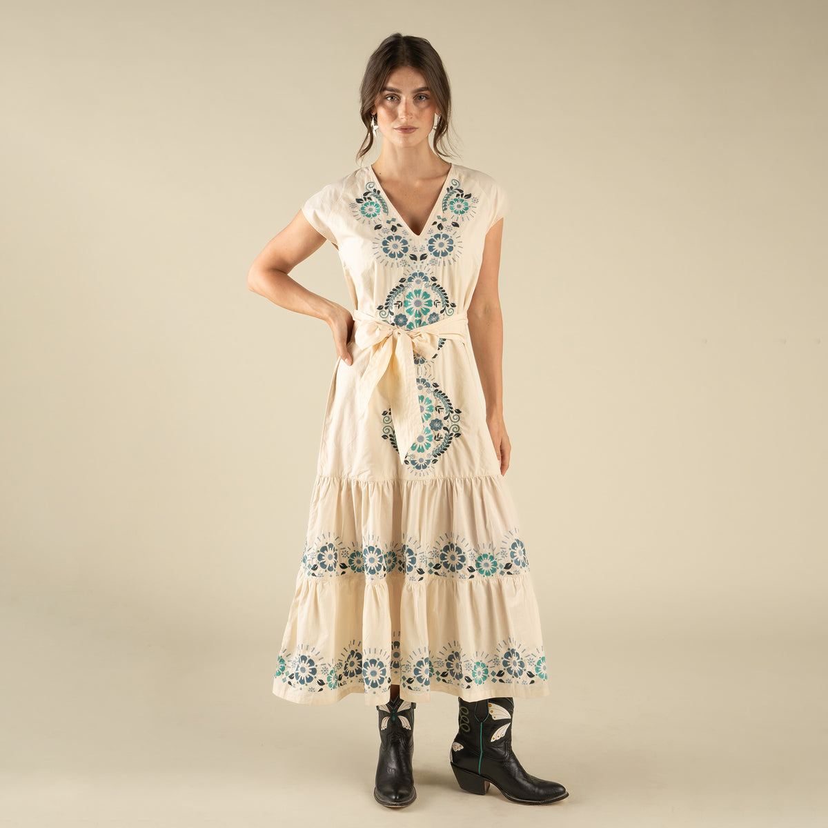 The Emilia Dress - Ivory - Teal