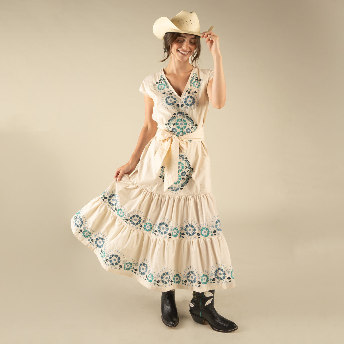 The Emilia Dress - Ivory - Teal