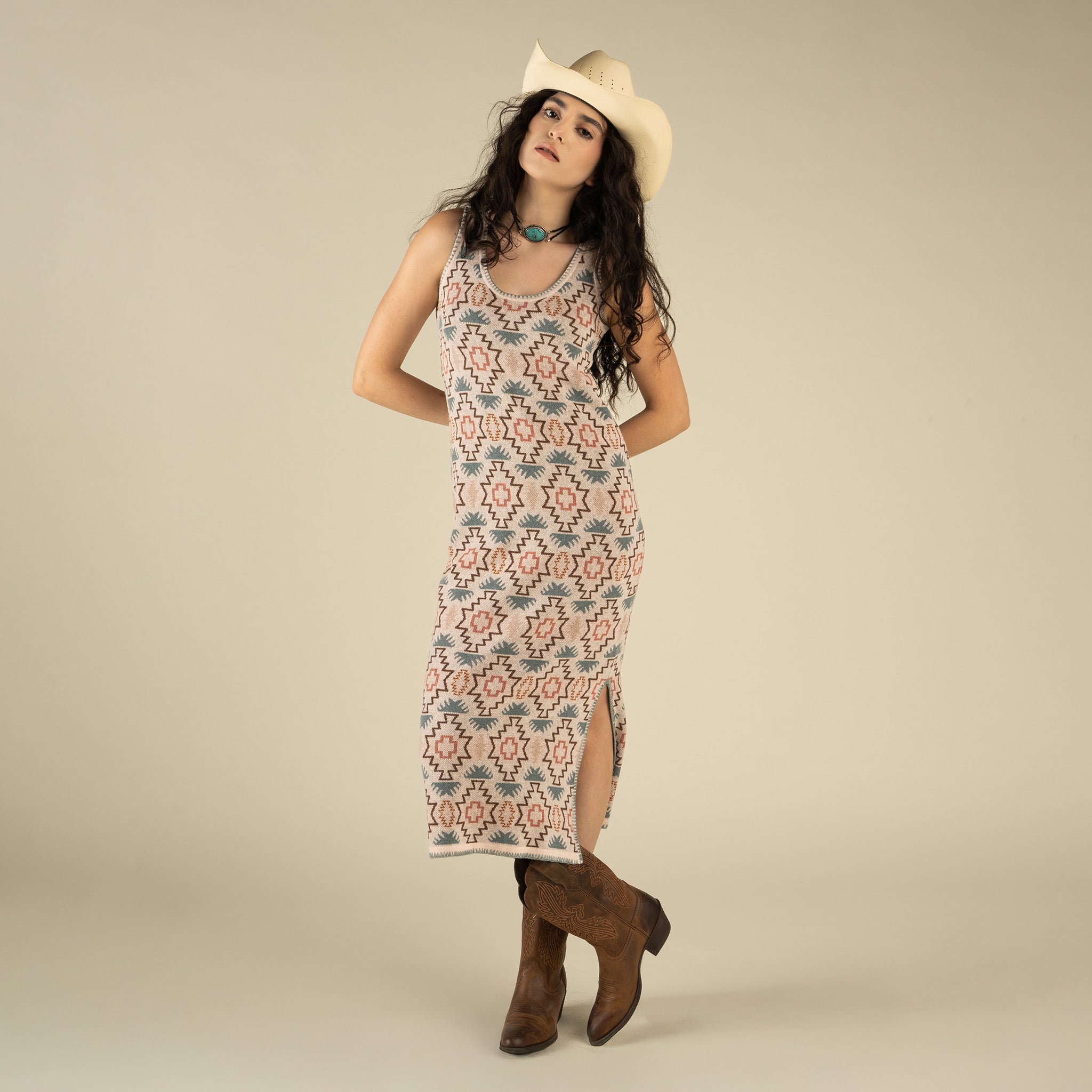 Puebla Knit Dress - Chama Chevron - Cream/Teal