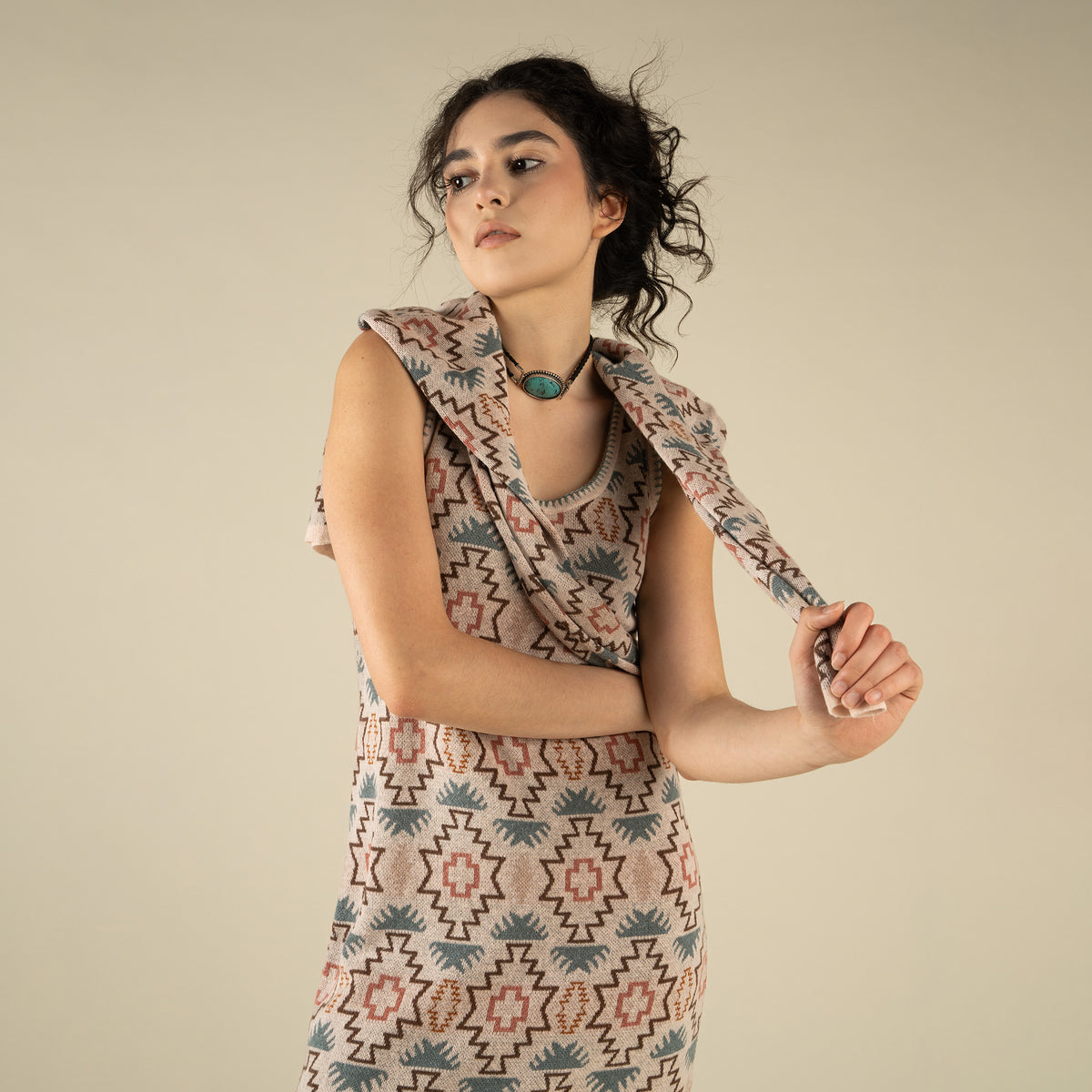 Puebla Knit Dress - Chama Chevron - Cream/Teal