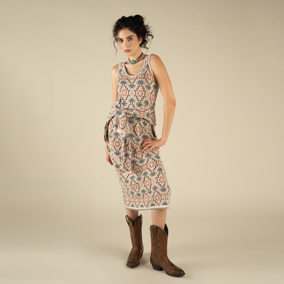 Puebla Knit Dress - Chama Chevron - Cream/Teal