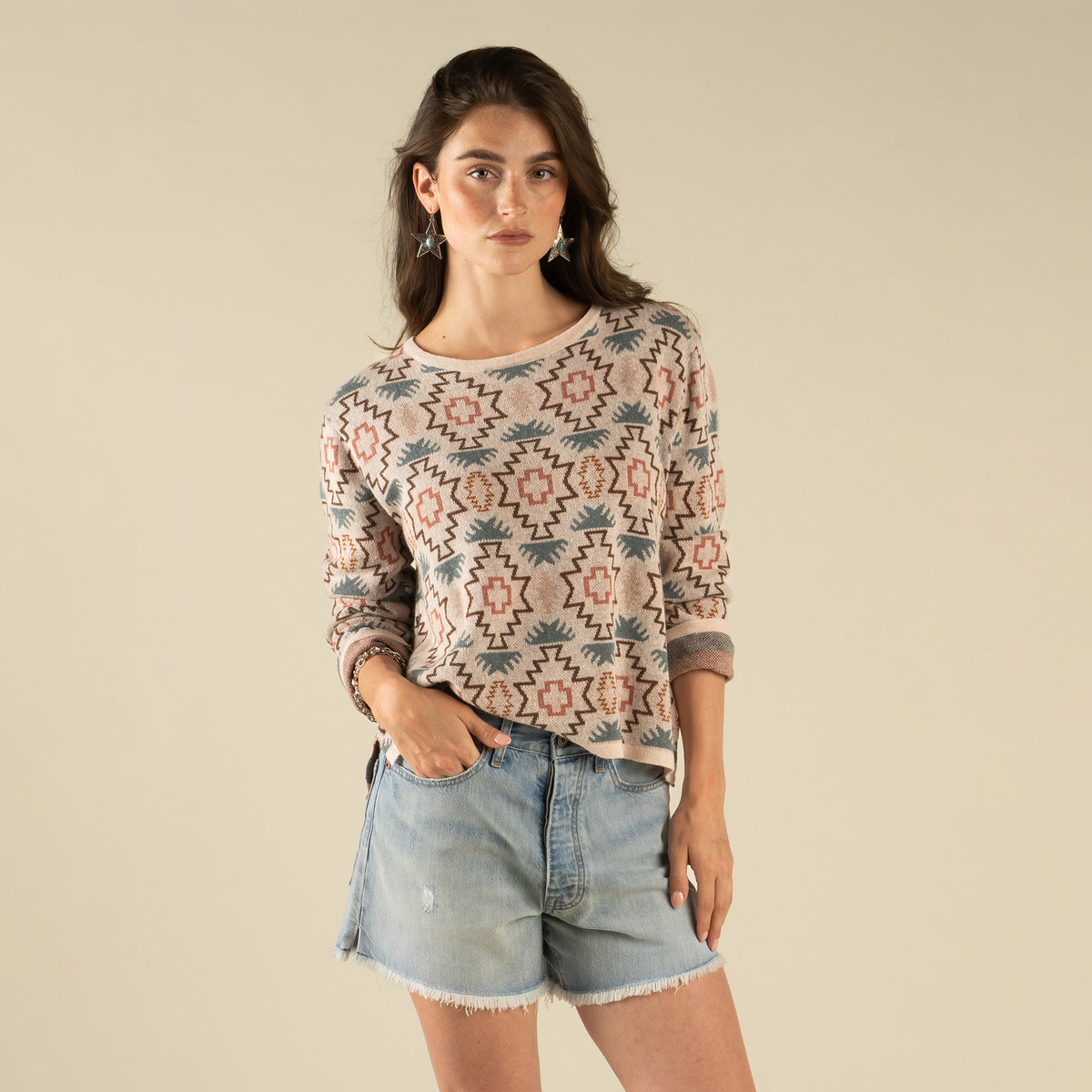 Solita Pullover - Chama Chevron - Cream/Teal
