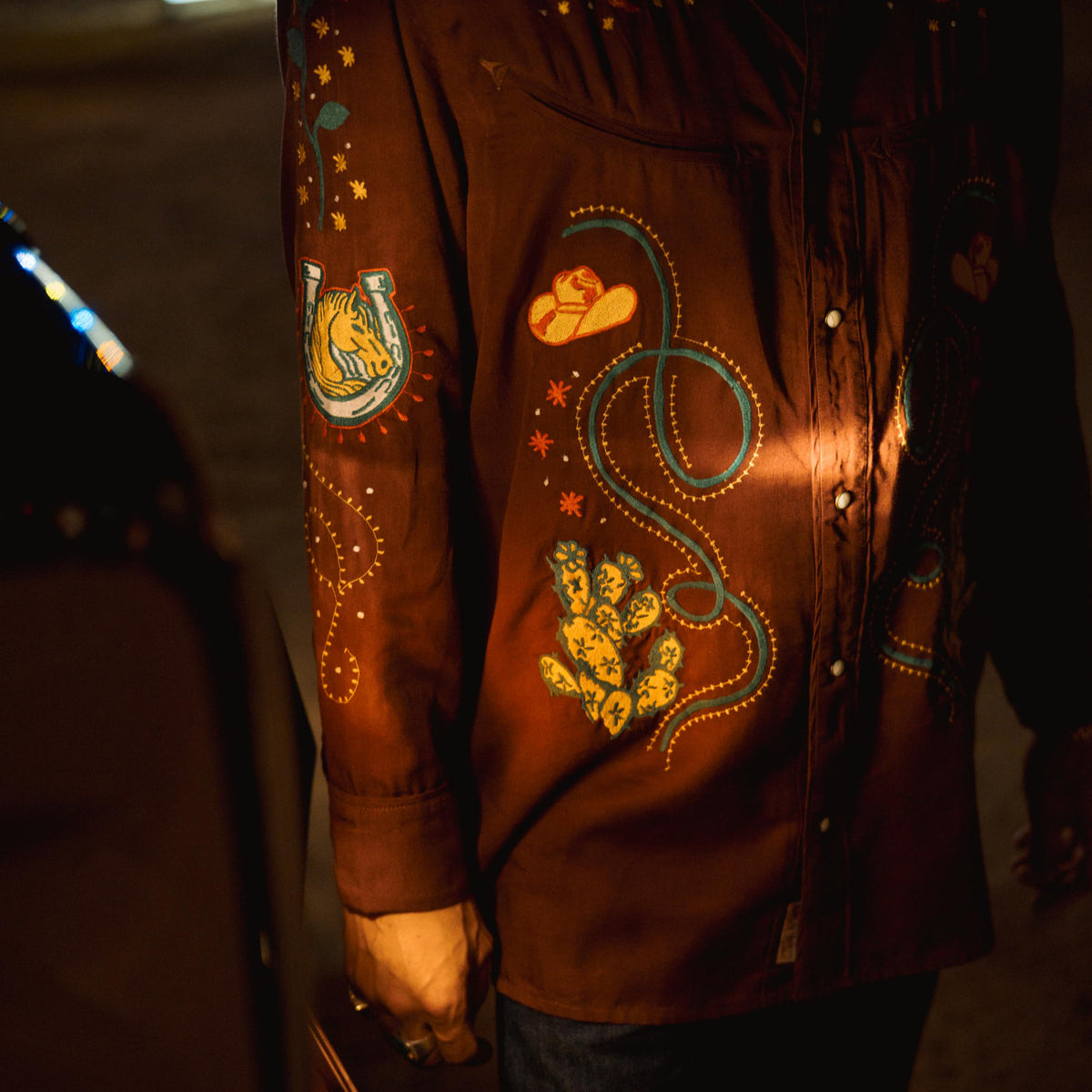 Show Pony Embroidered Western Pearl Snap Long Sleeve Shirt - Electric Brown