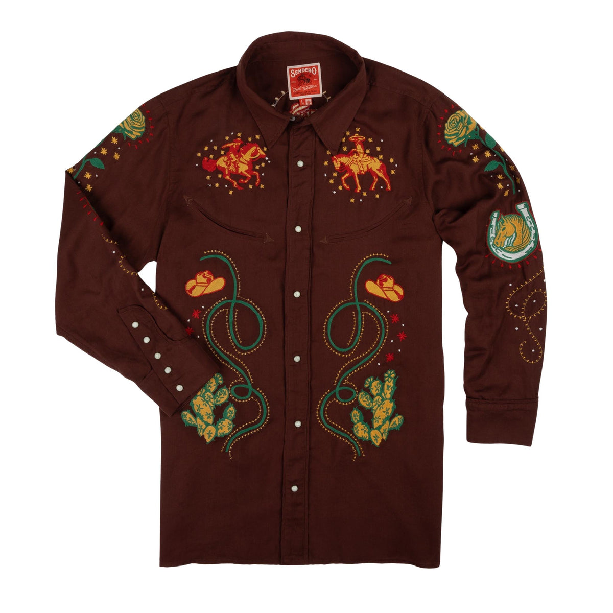 Show Pony Embroidered Western Pearl Snap Long Sleeve Shirt - Electric Brown