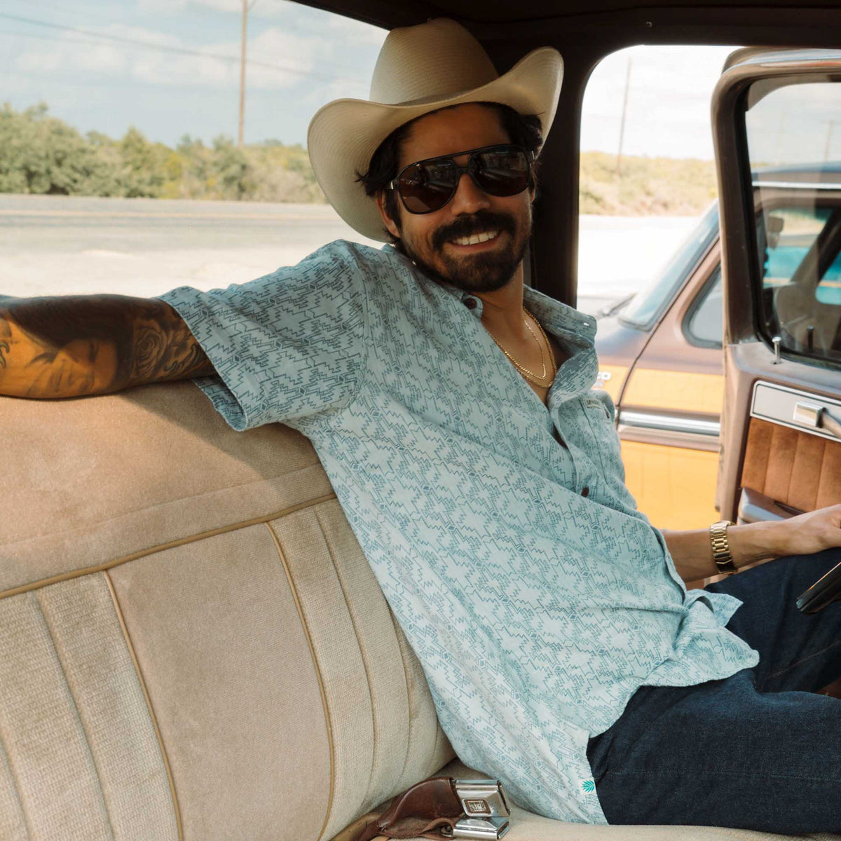 City Slicker Button Up Short Sleeve - Arizola Chevron - Faded Blue