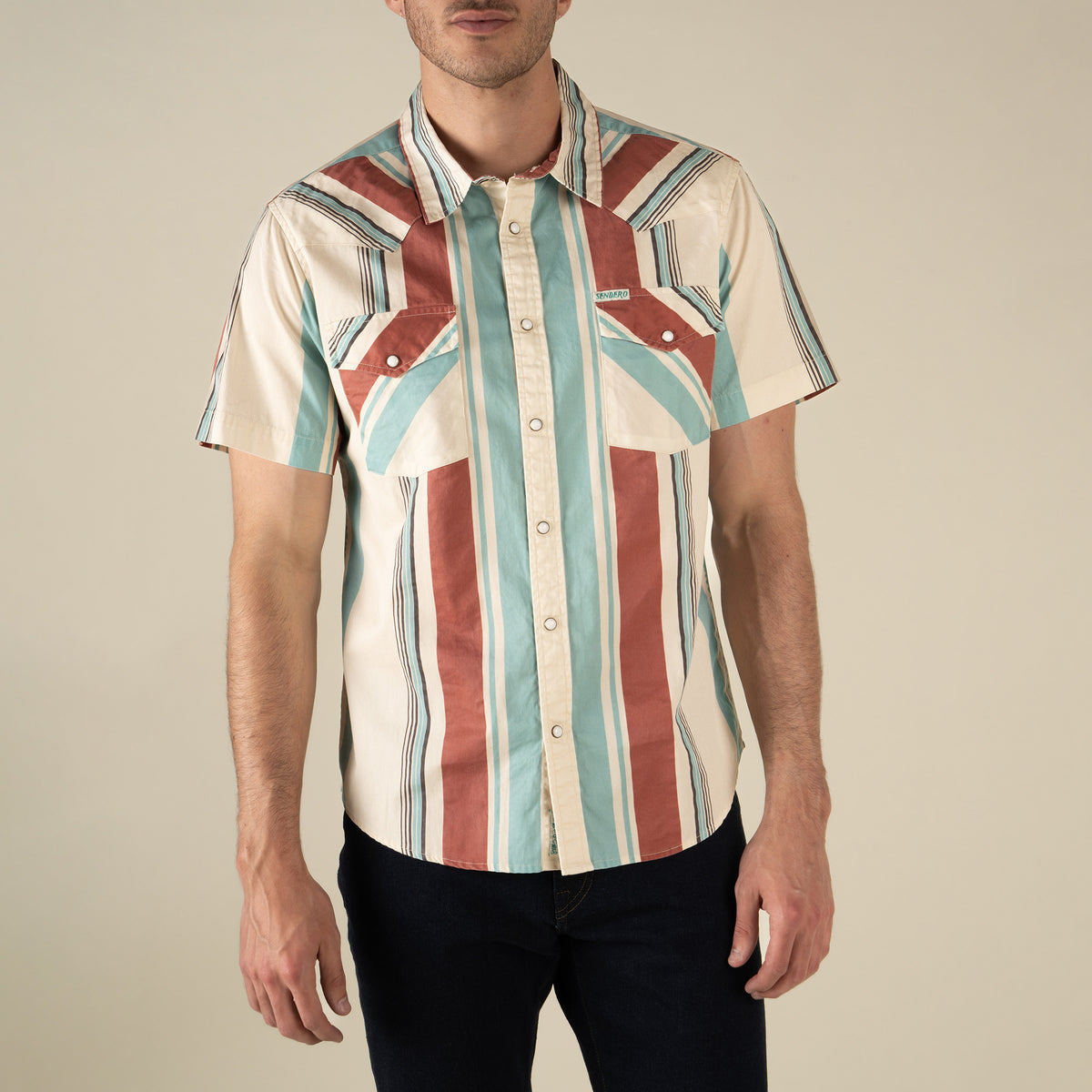 The Wyatt Pearl Snap Short Sleeve Print Shirt - Stagecoach Stripe - Red/Blue