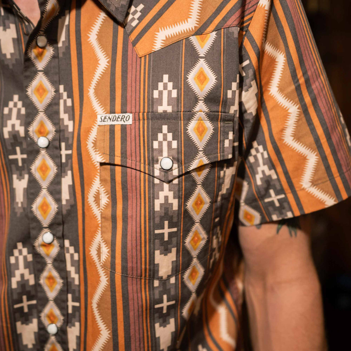 The Wyatt Pearl Snap Short Sleeve Print Shirt - Tempe Stripe - Brown/Orange