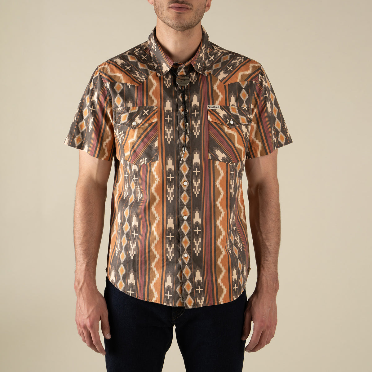 The Wyatt Pearl Snap Short Sleeve Print Shirt - Tempe Stripe - Brown/Orange