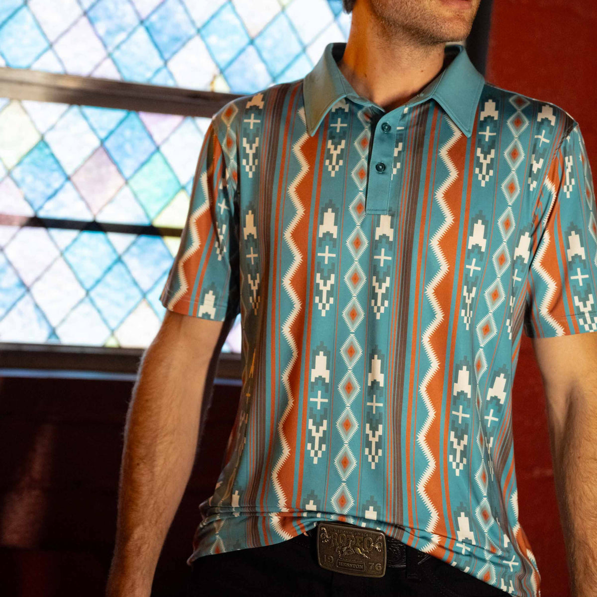 High Noon Performance Polo - Nogales Stripe - Teal/Clay