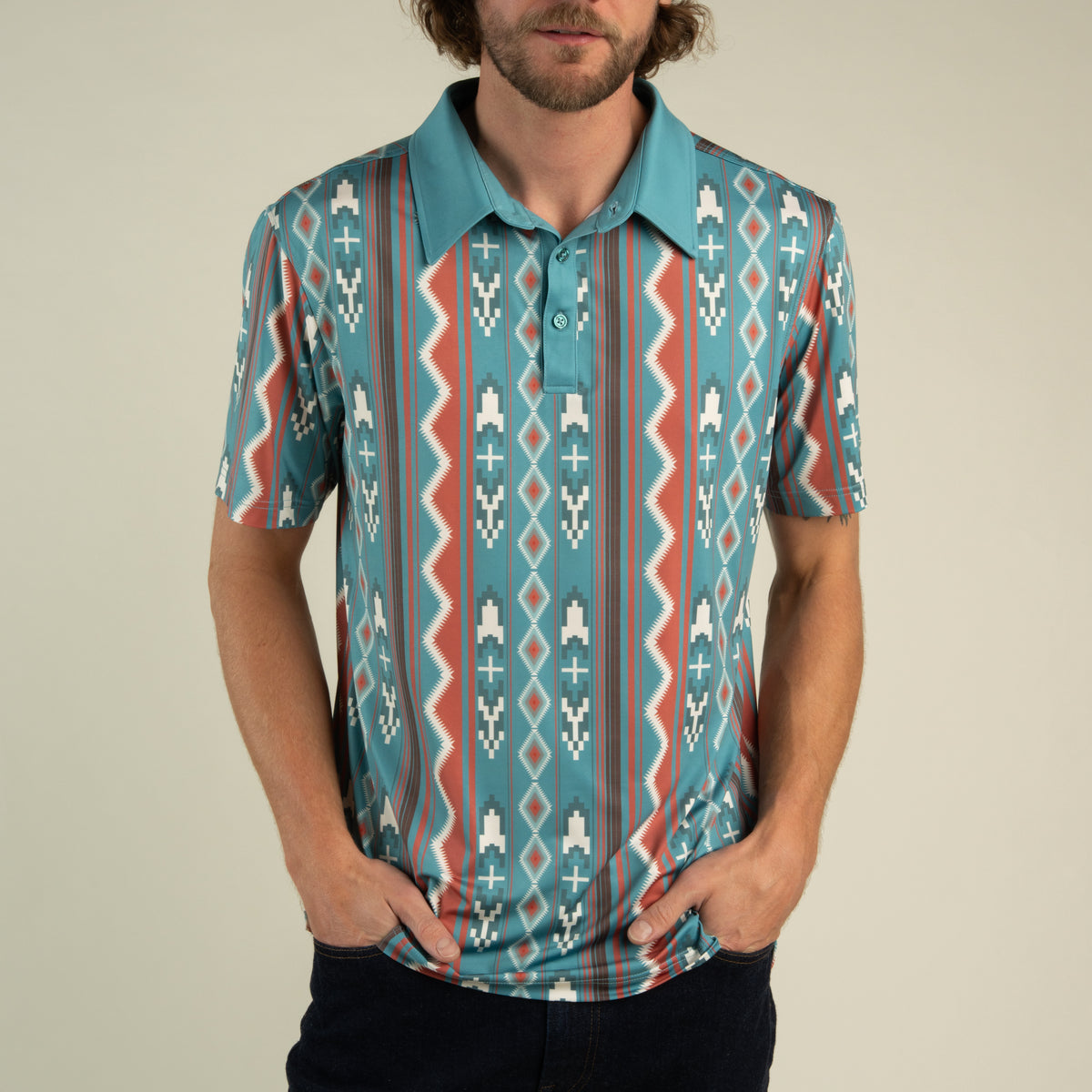 High Noon Performance Polo - Nogales Stripe - Teal/Clay