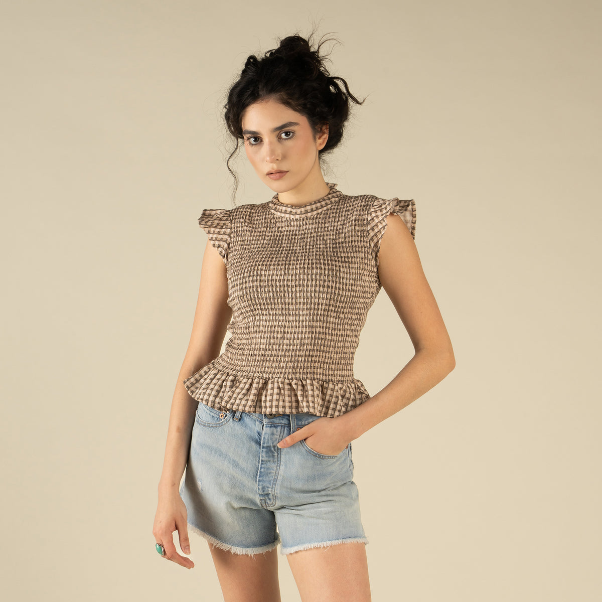 The Hattie Smock Top - Picnic Check - Brown/Cream