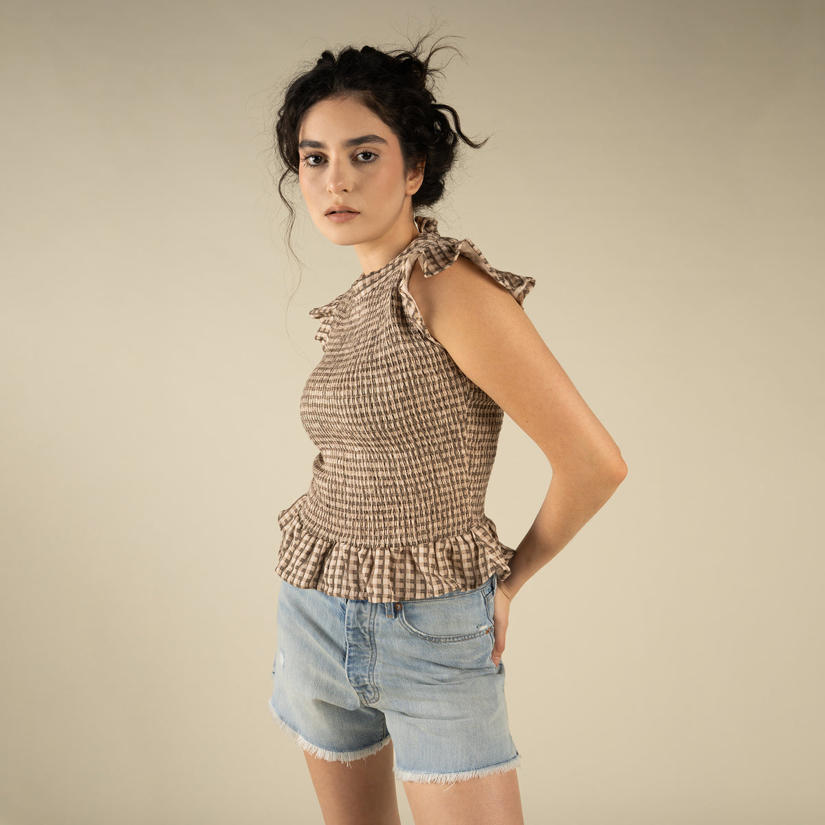 The Hattie Smock Top - Picnic Check - Brown/Cream