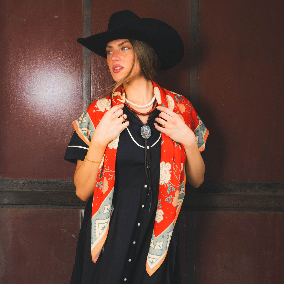 Rose Dove Bandana Scarf - Red/Teal