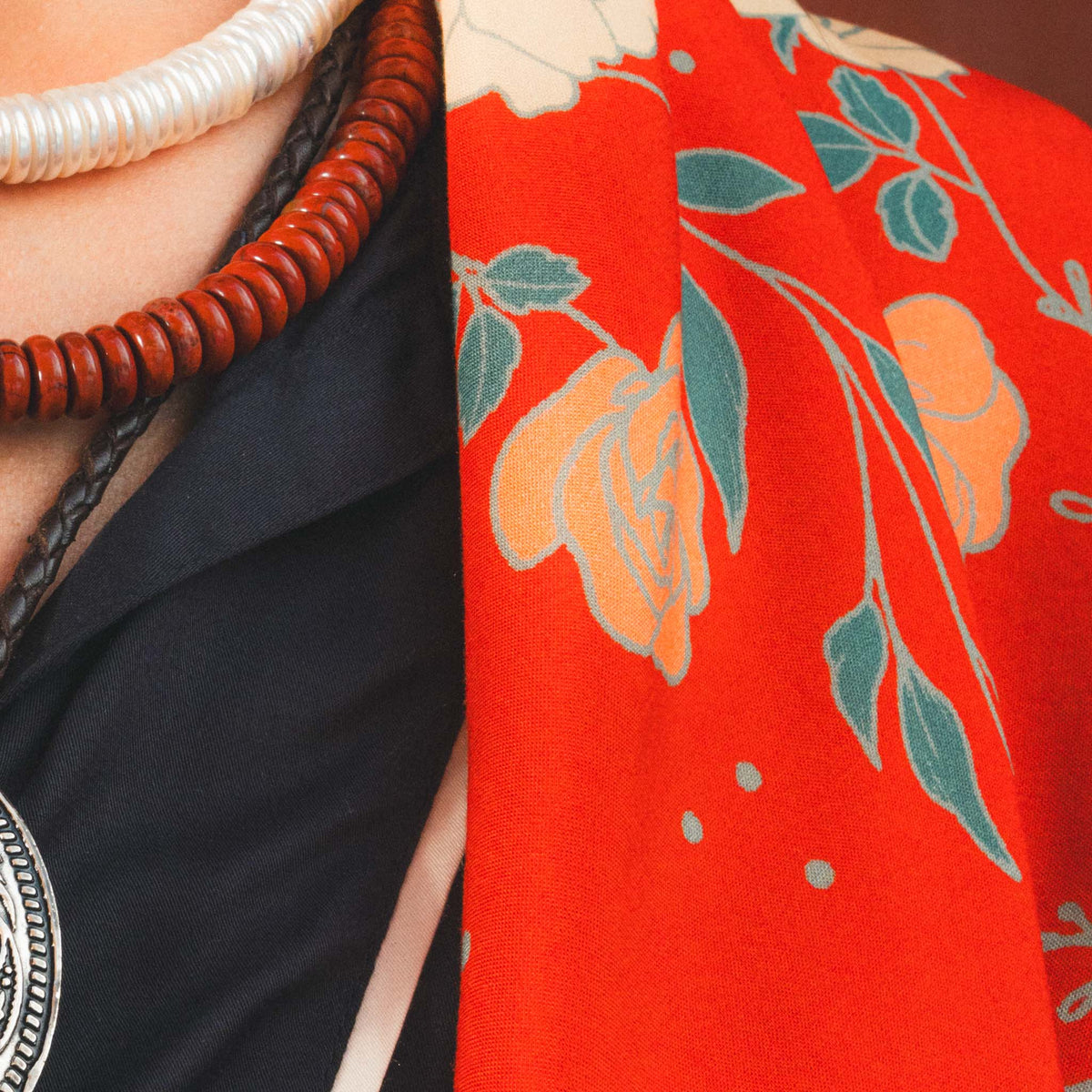 Rose Dove Bandana Scarf - Red/Teal