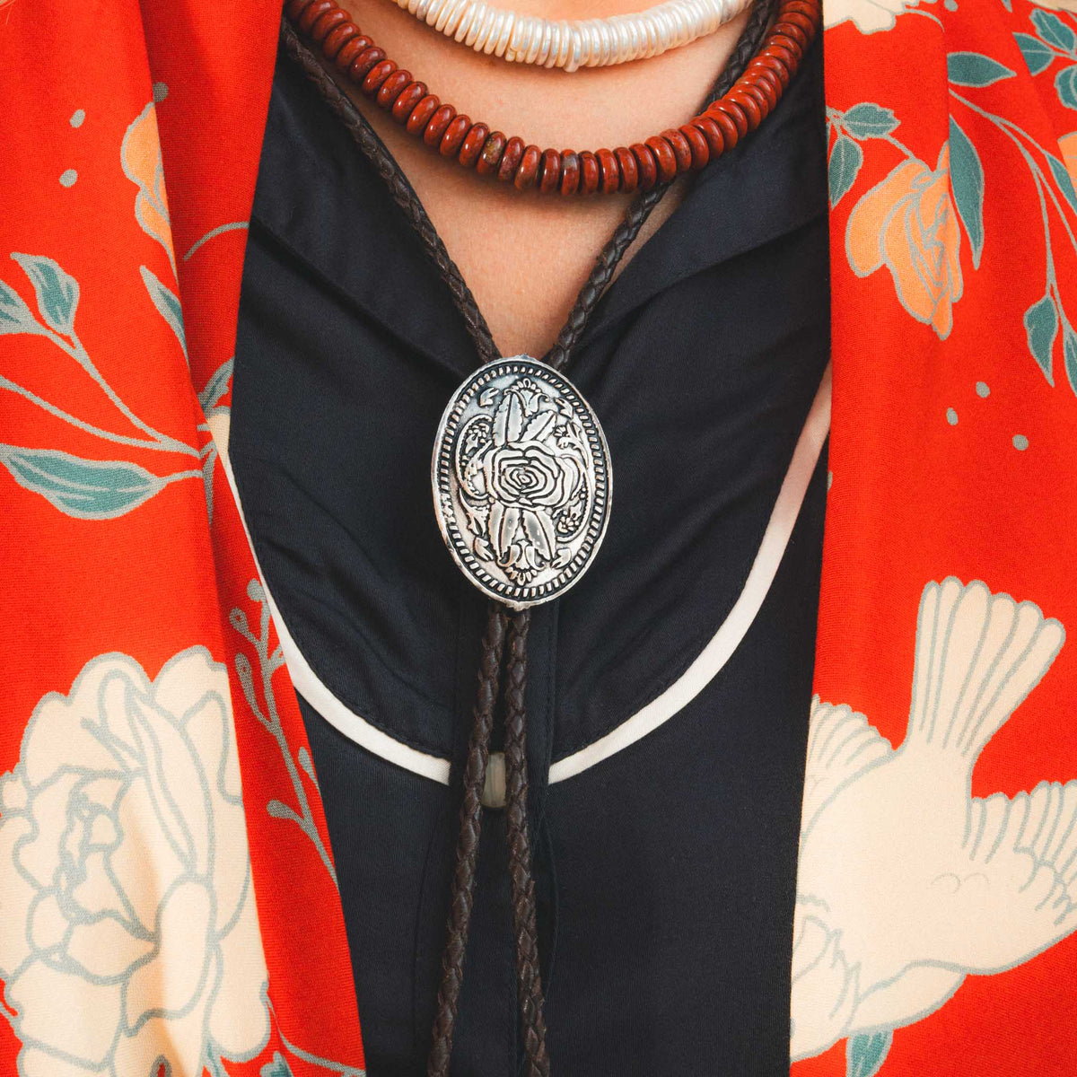 Western Floral Bolo Tie - Antique Nickel