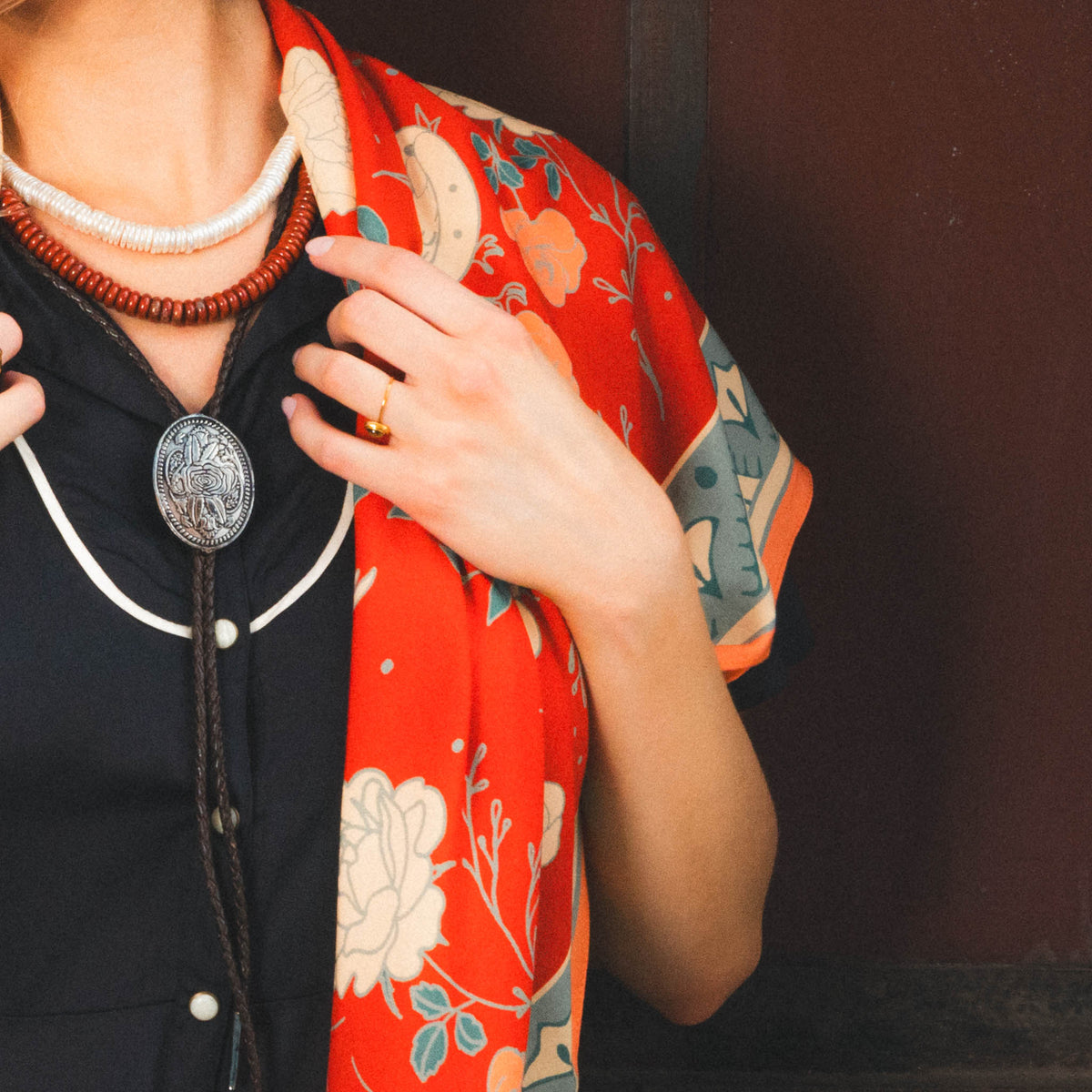 Western Floral Bolo Tie - Antique Nickel