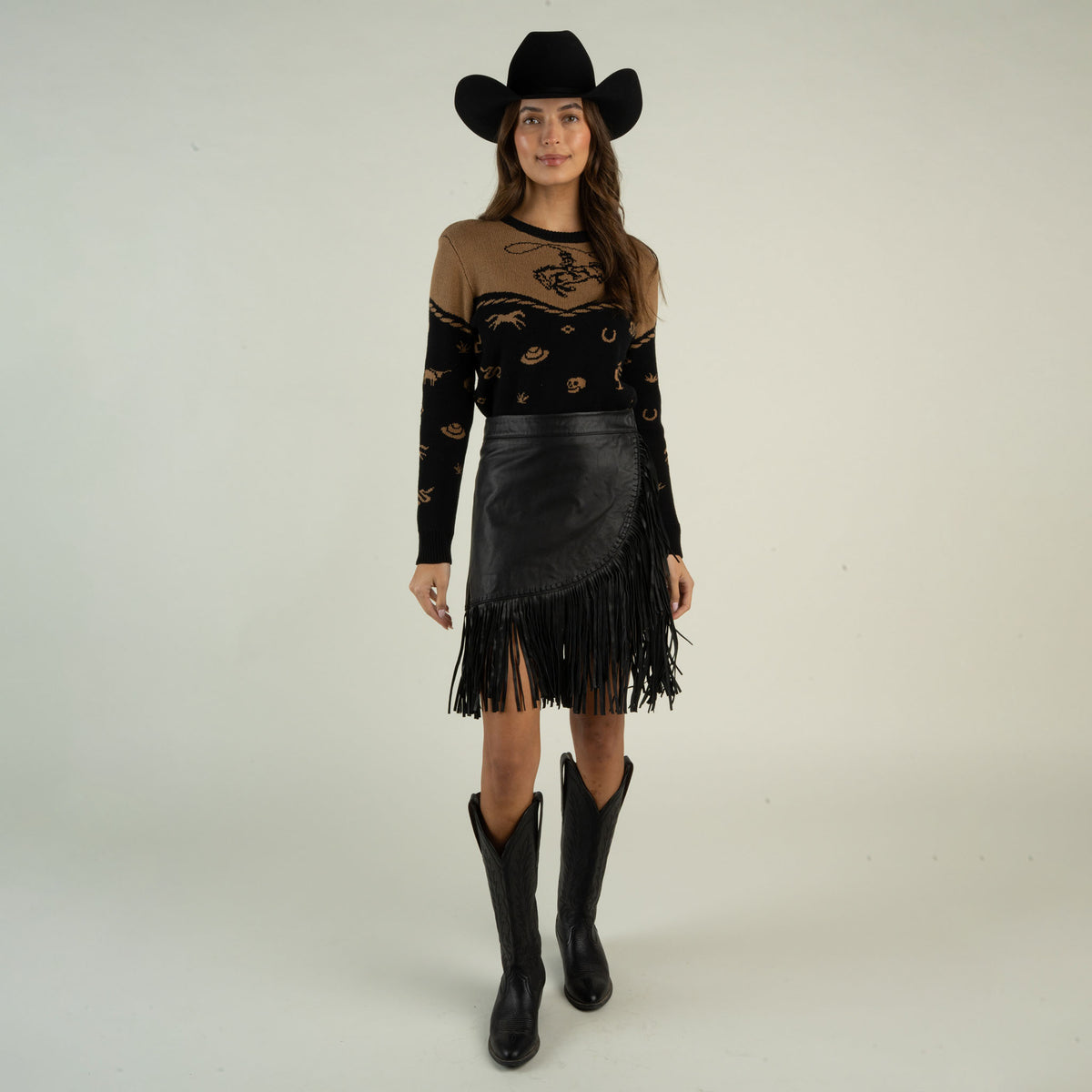 Lillie Fringe Skirt - Black Leather