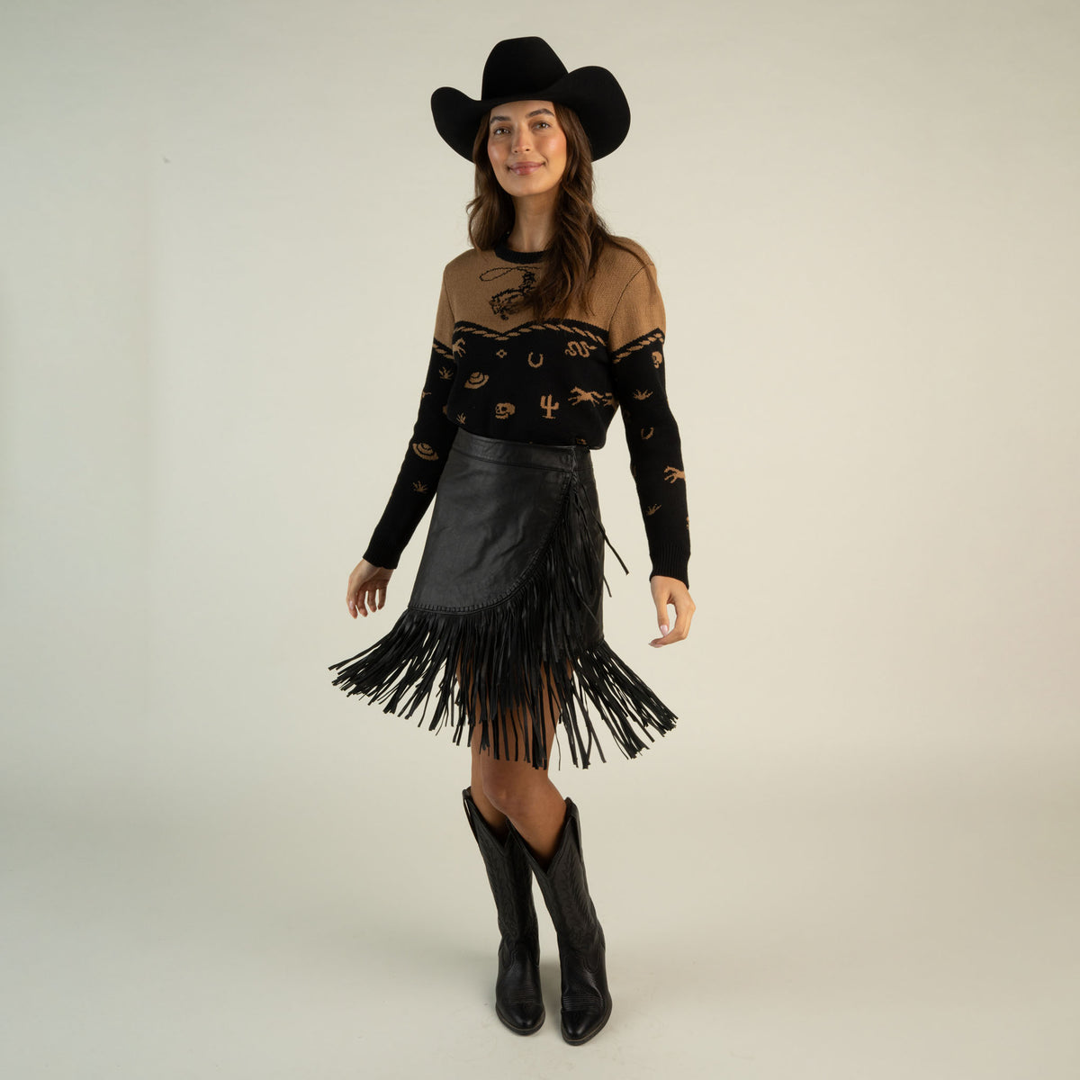 Lillie Fringe Skirt - Black Leather