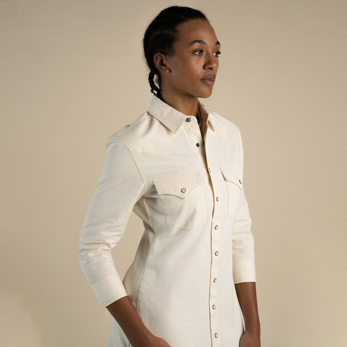 The Annie Pearl Snap Shirtdress - Ecru