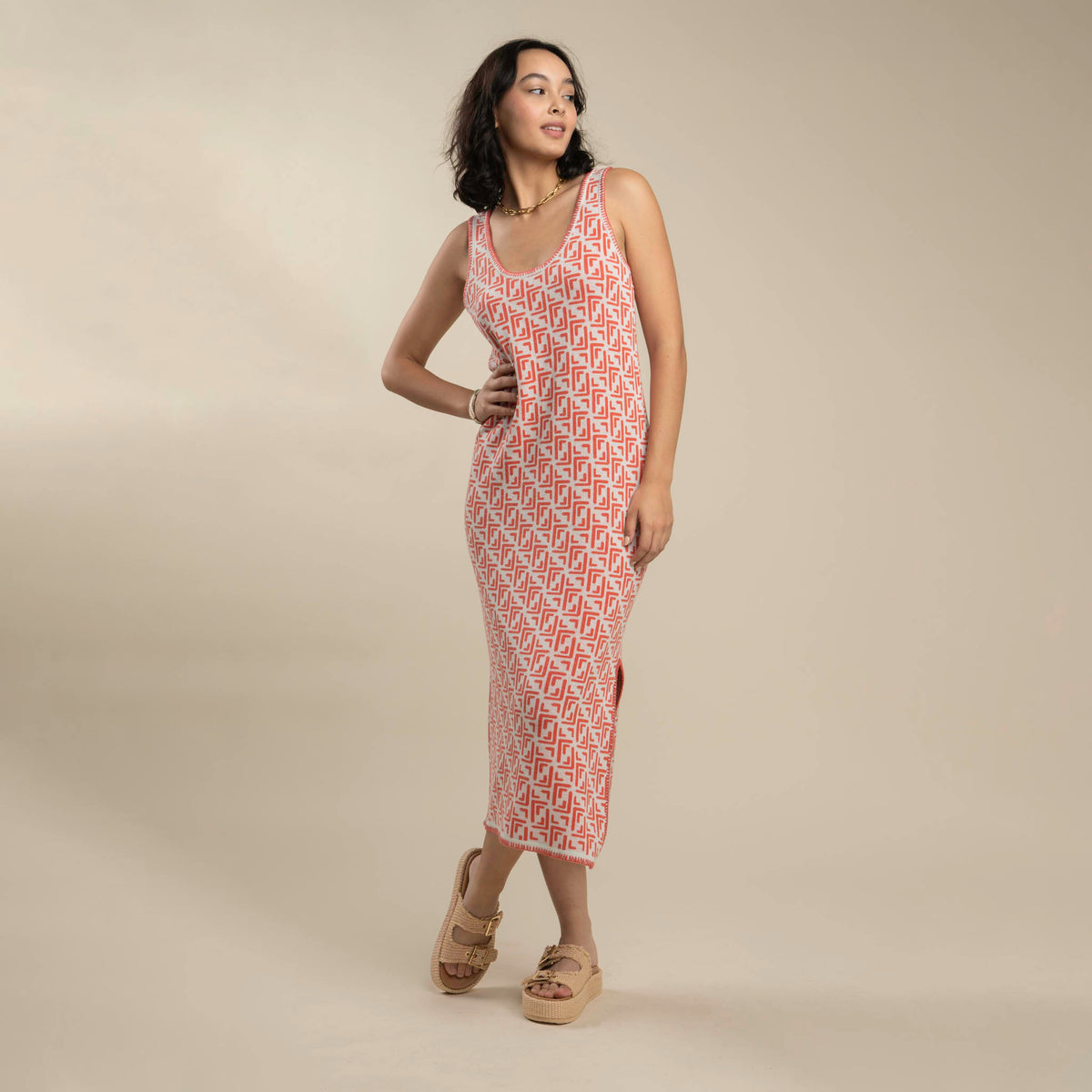 Puebla Knit Dress - Mosaic Dress - Coral