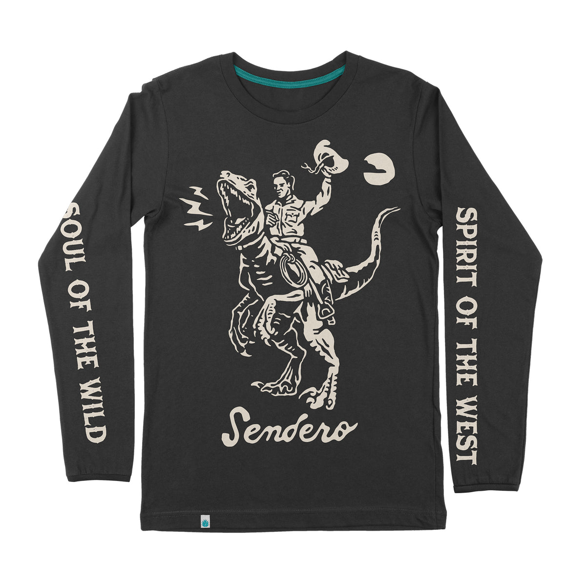A long sleeve black t-shirt with a graphic of a person riding a velociraptor and text that reads 'Soul of the Wild' and 'Spirit of the West'. The brand 'Senders' is also visible on the shirt.