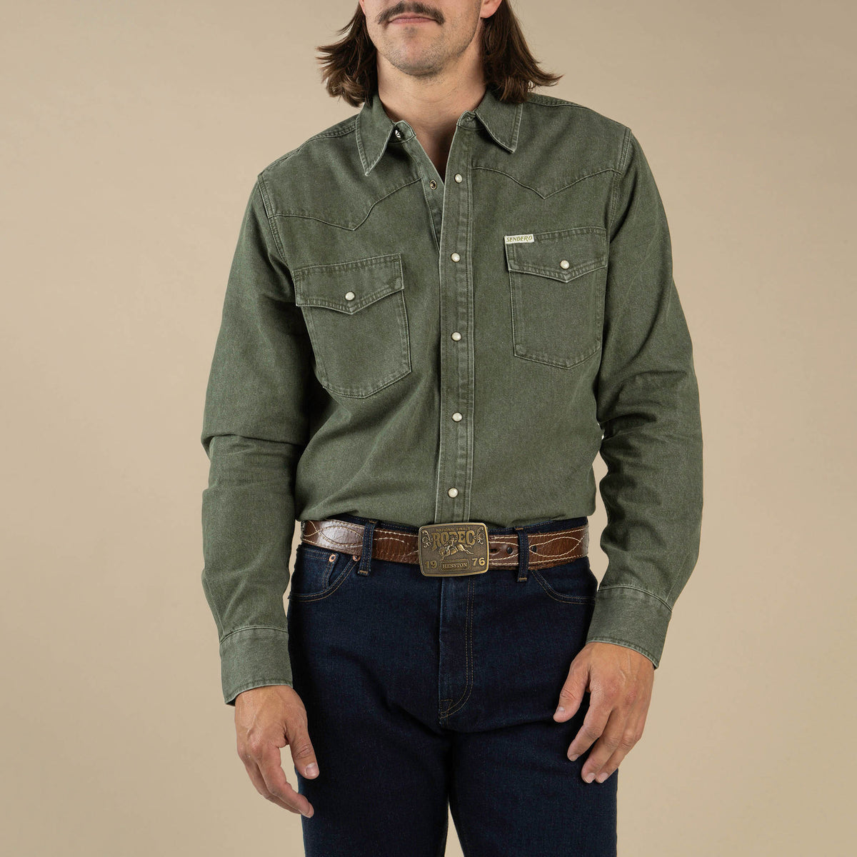 The Wyatt Pearl Snap Long Sleeve Denim Shirt - Faded Olive