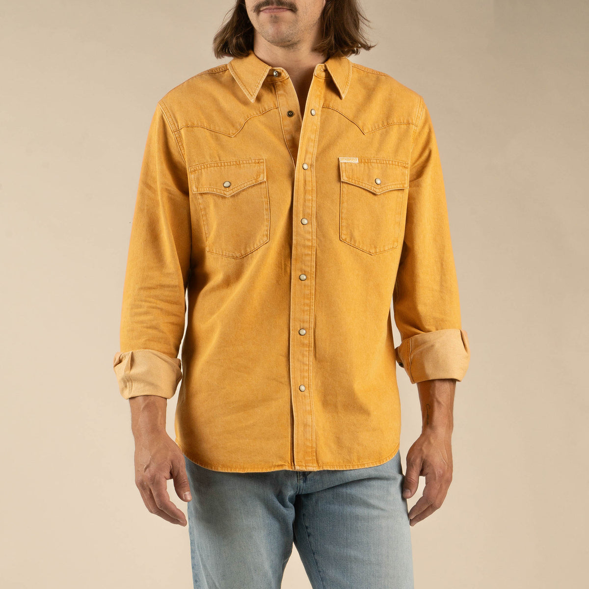 The Wyatt Pearl Snap Long Sleeve Denim Shirt - Faded Gold