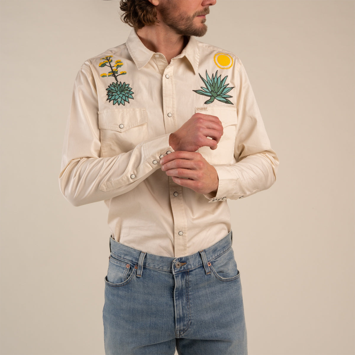 The Wyatt Pearl Snap Long Sleeve Embroidered Shirt - Terlingua - Cream