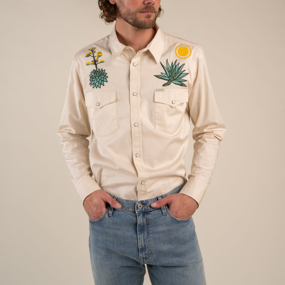The Wyatt Pearl Snap Long Sleeve Embroidered Shirt - Terlingua - Cream