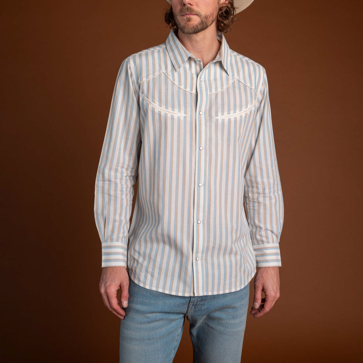 Cash Pearl Snap Long Sleeve Shirt - Cream/Blue Stripe
