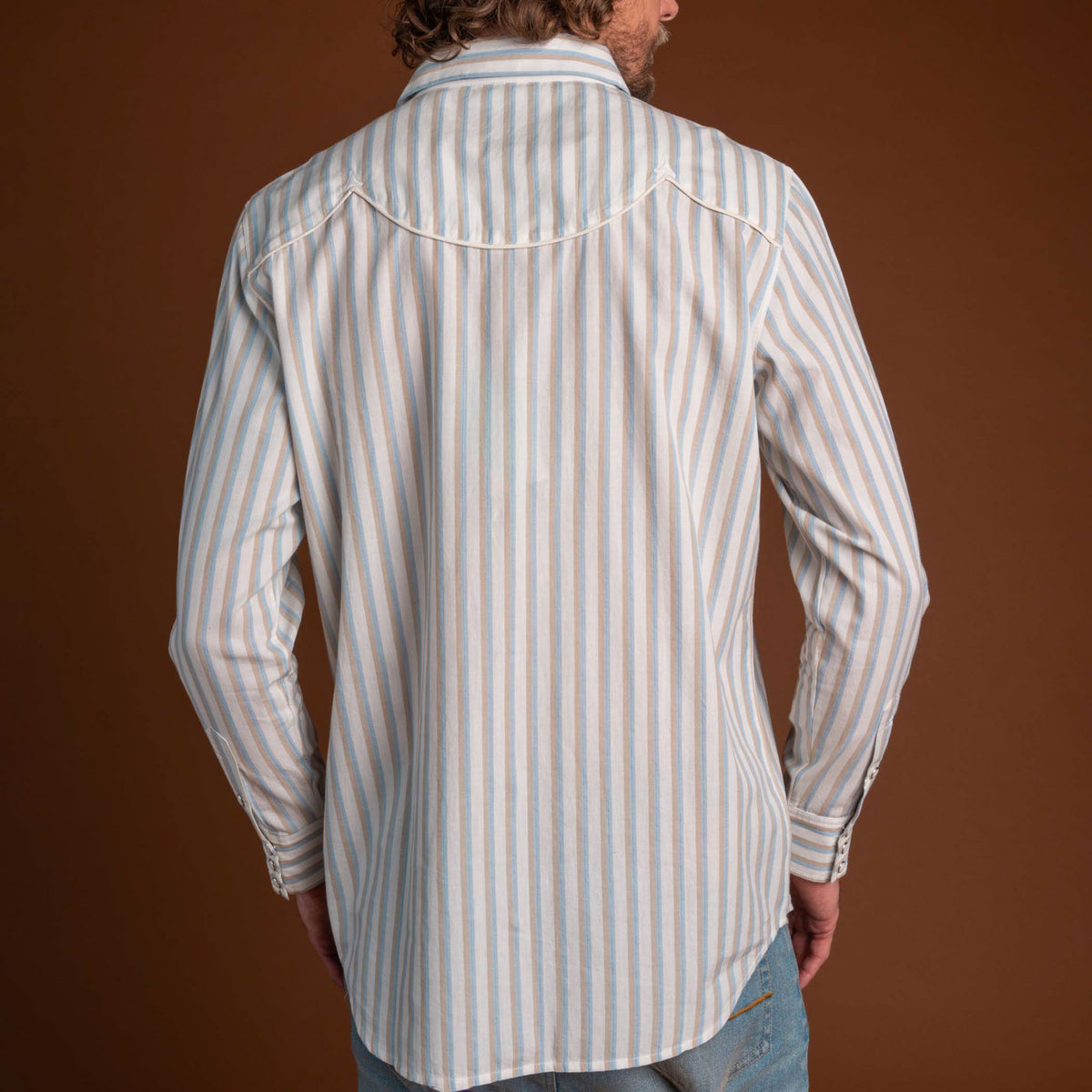Cash Pearl Snap Long Sleeve Shirt - Cream/Blue Stripe