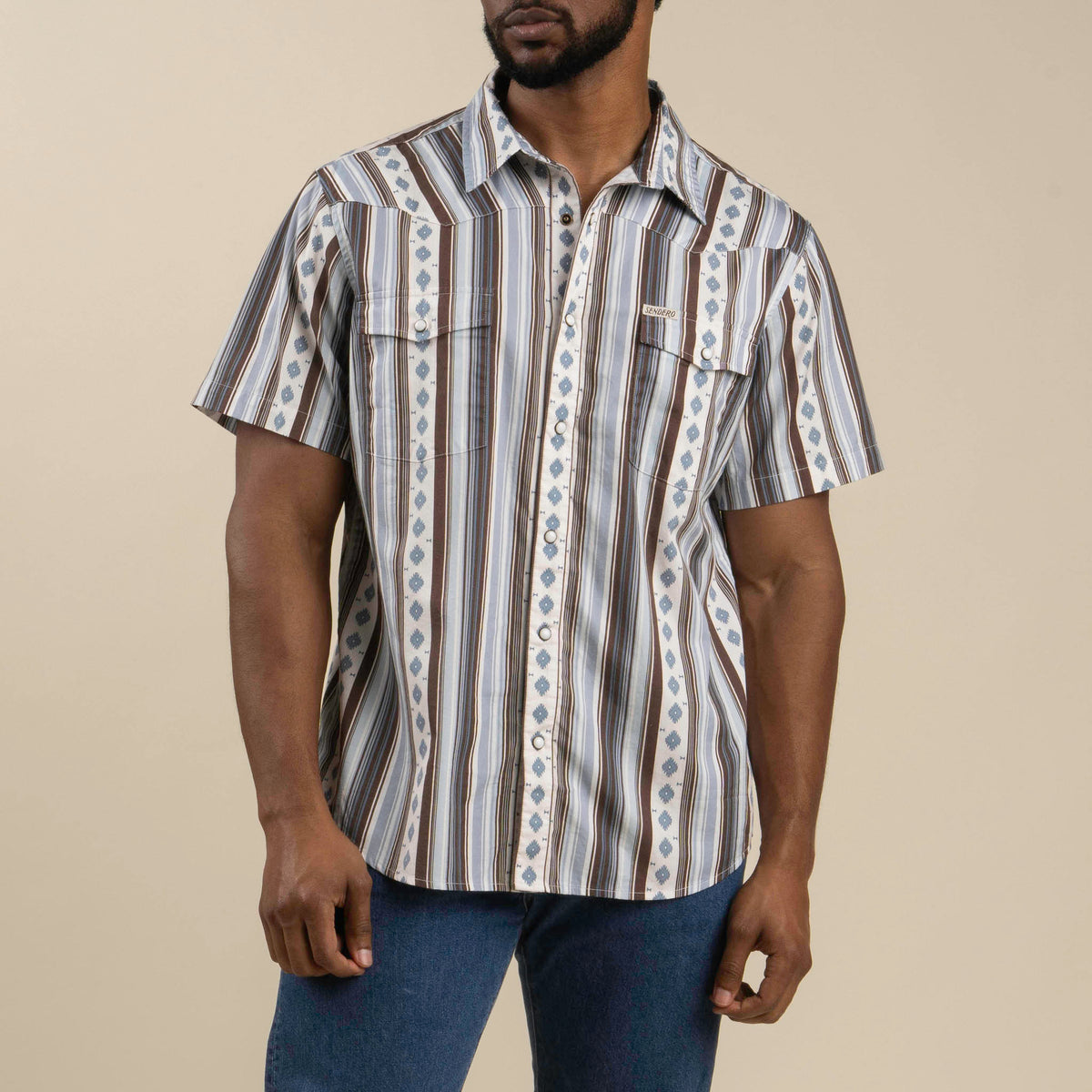 Serape Pearl Snap Short Sleeve - Sky/Brown front of shirt