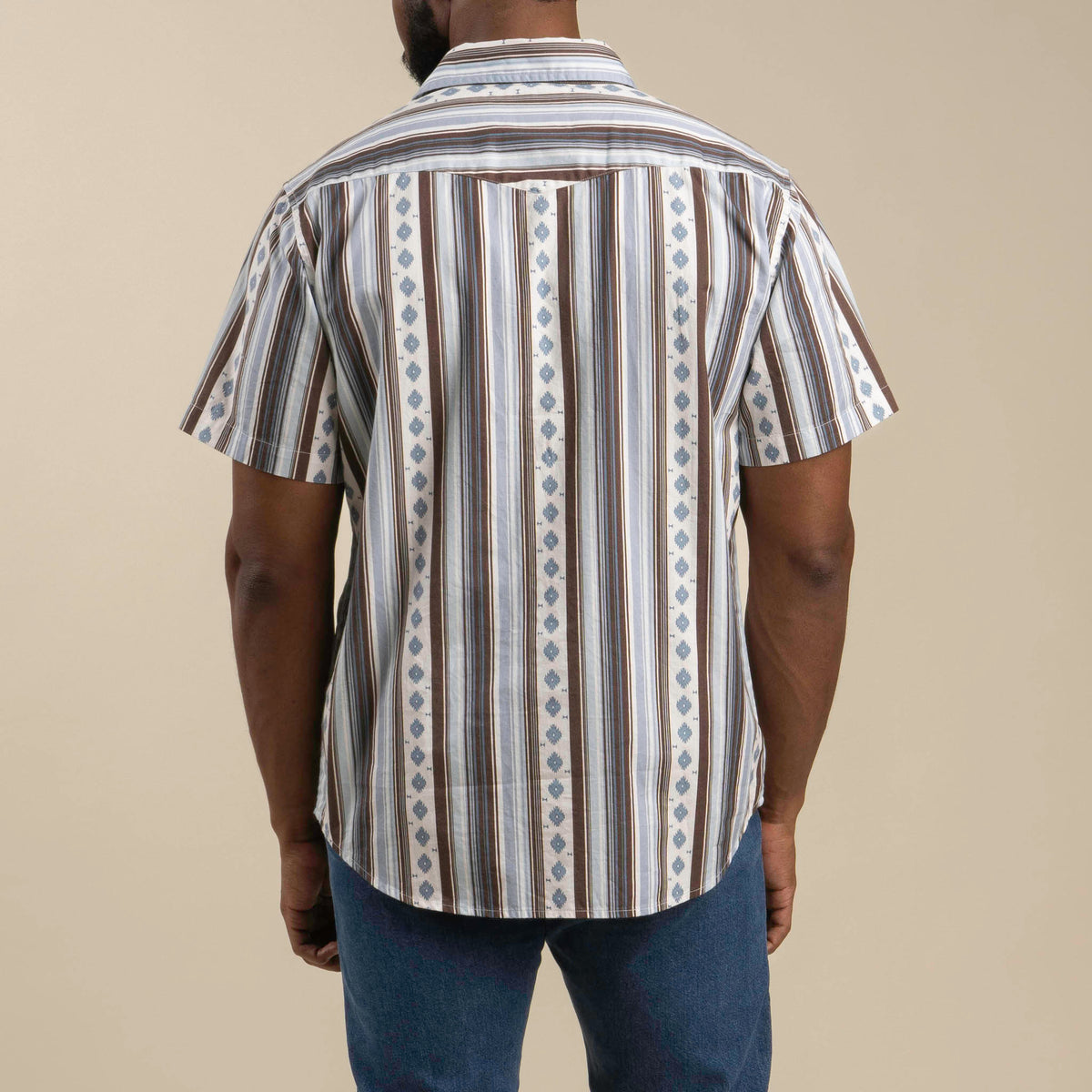 Serape Pearl Snap Short Sleeve - Sky/brown back of shirt