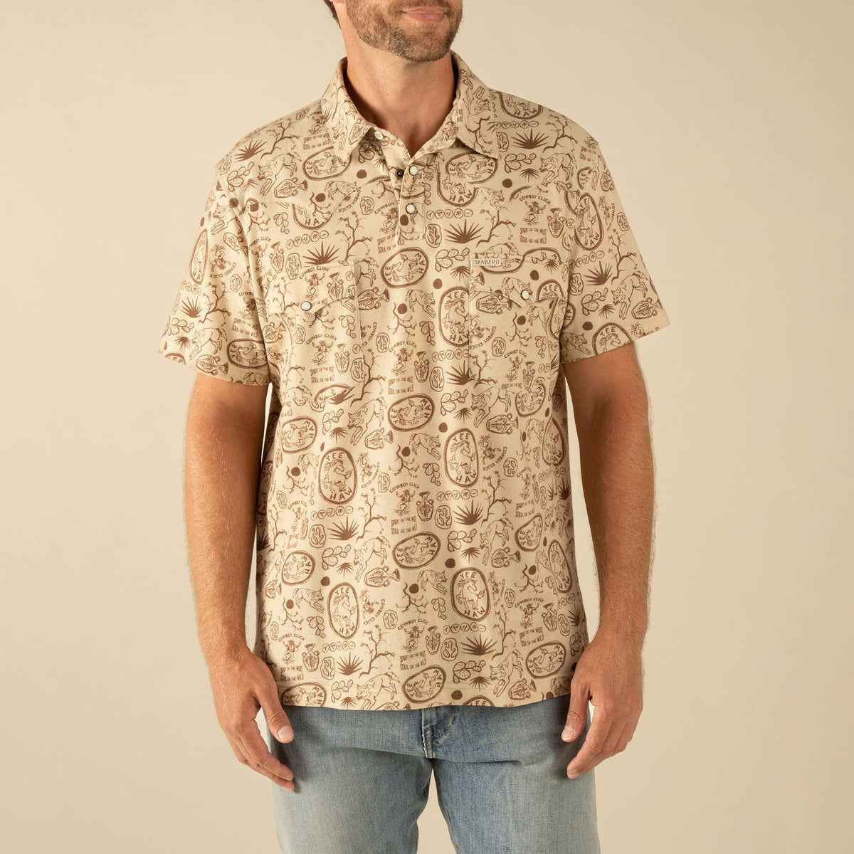 Cantina Pique Polo Short Sleeve Shirt - Haw Yee Print - Tan