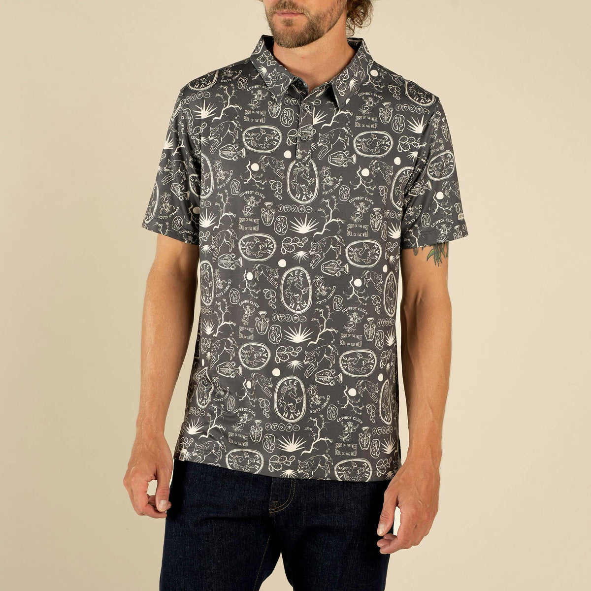 High Noon Performance Polo - Haw Yee Print - Charcoal