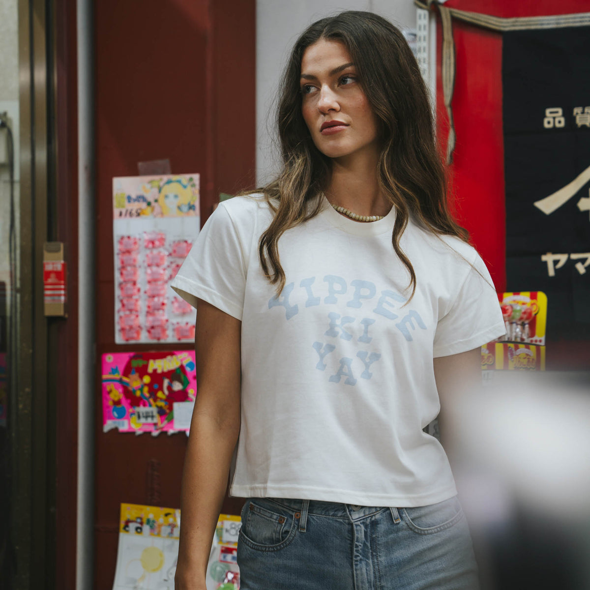 Yippee Ki Yay Boxy Tee - Vintage White/Light Blue Print