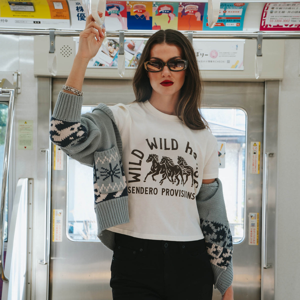 Wild Wild Horses Boxy Tee - Vintage White/Brown Print