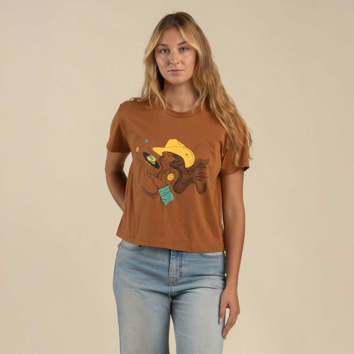Cosmic Cowgirl Boxy Tee - Meerkat