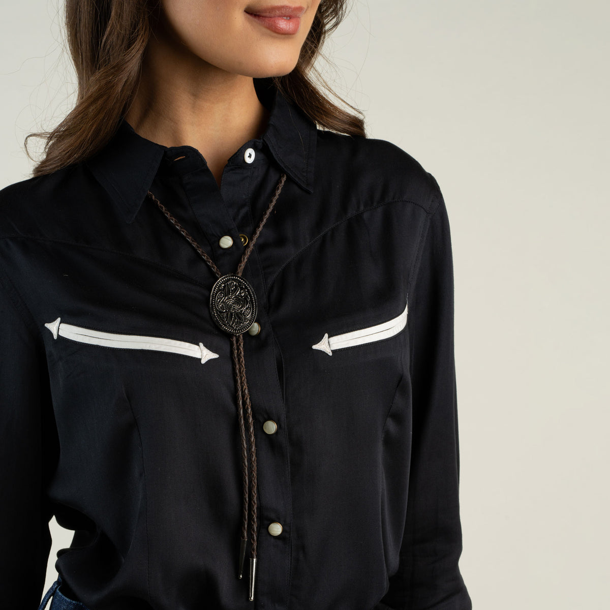 Langley Pearl Snap Blouse - Silky Viscose - Black