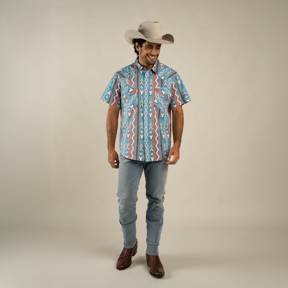 The Wyatt Pearl Snap Short Sleeve Print Shirt - Nogales Stripe - Turquoise