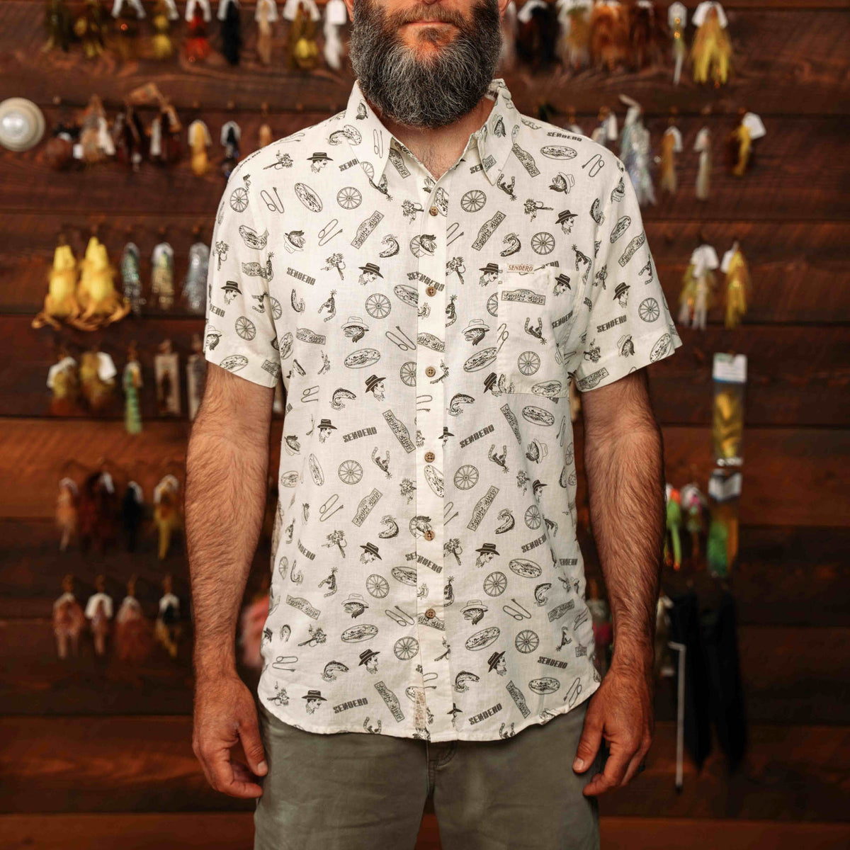 City Slicker Button Up Short Sleeve - Trout Shop Print - Cream