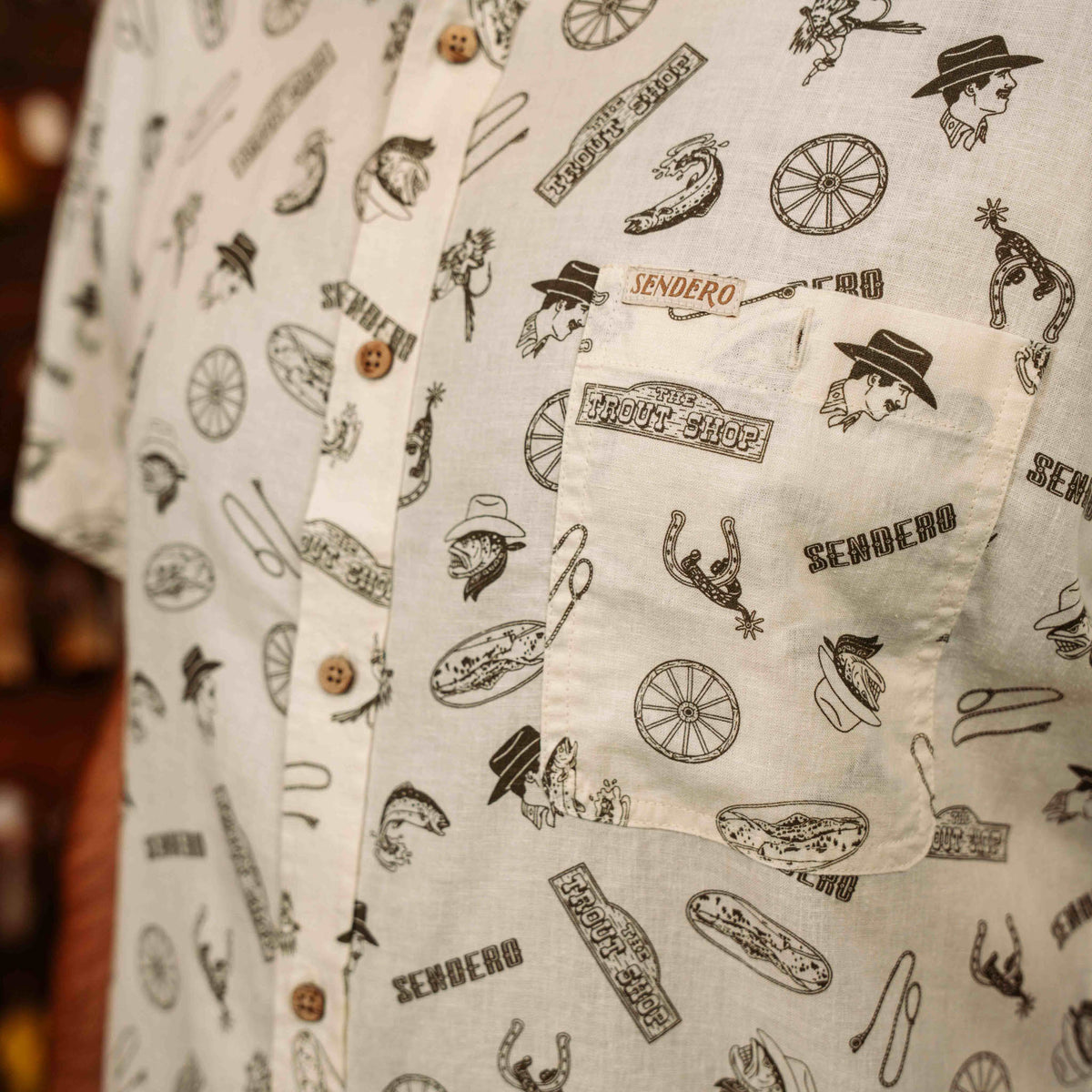 City Slicker Button Up Short Sleeve - Trout Shop Print - Cream
