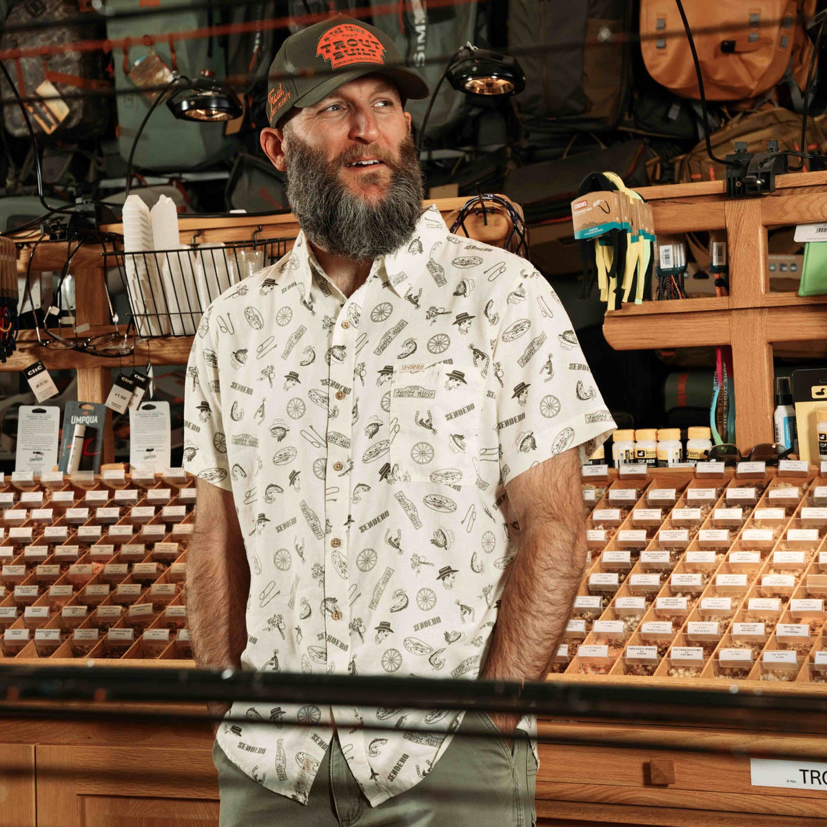 City Slicker Button Up Short Sleeve - Trout Shop Print - Cream