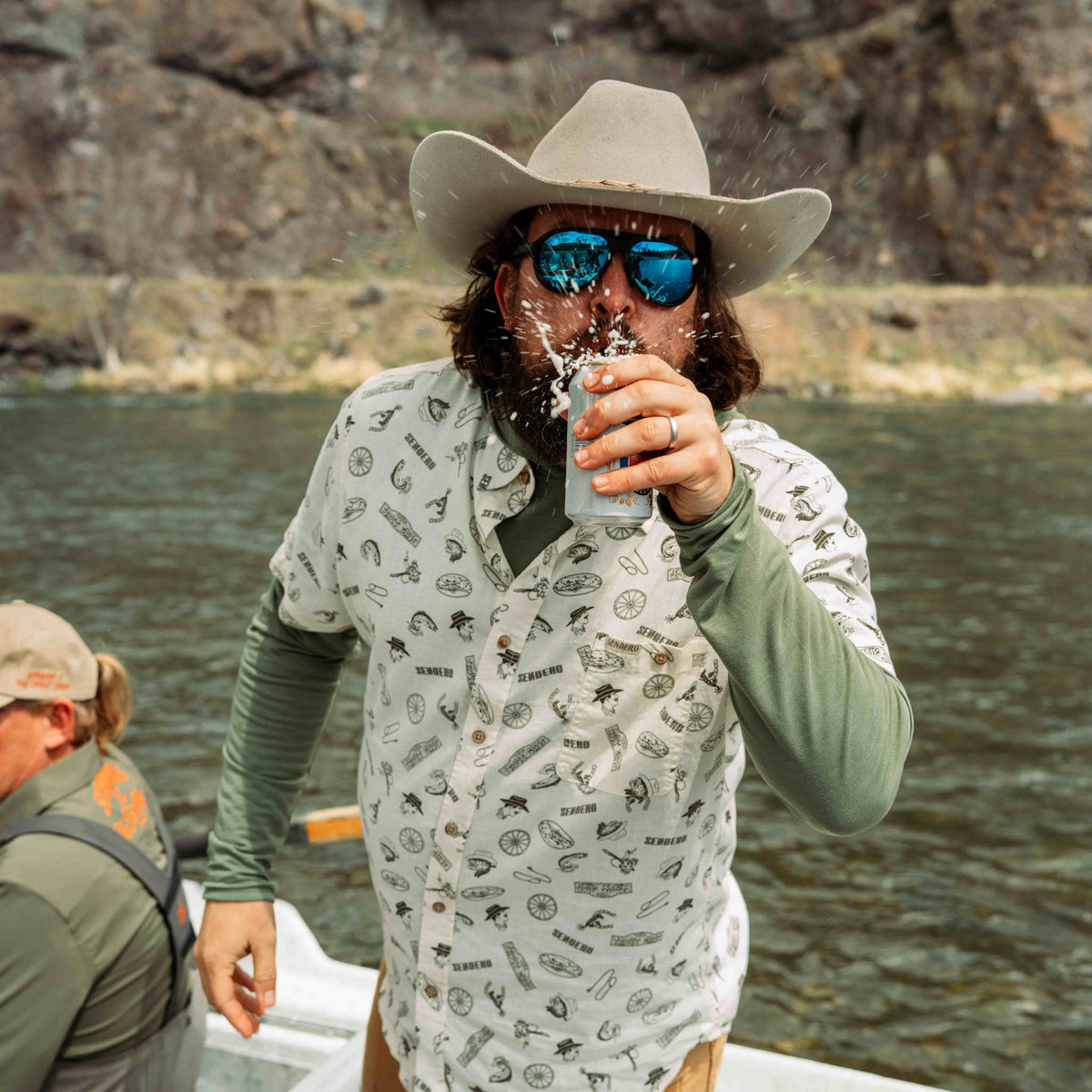 City Slicker Button Up Short Sleeve - Trout Shop Print - Cream