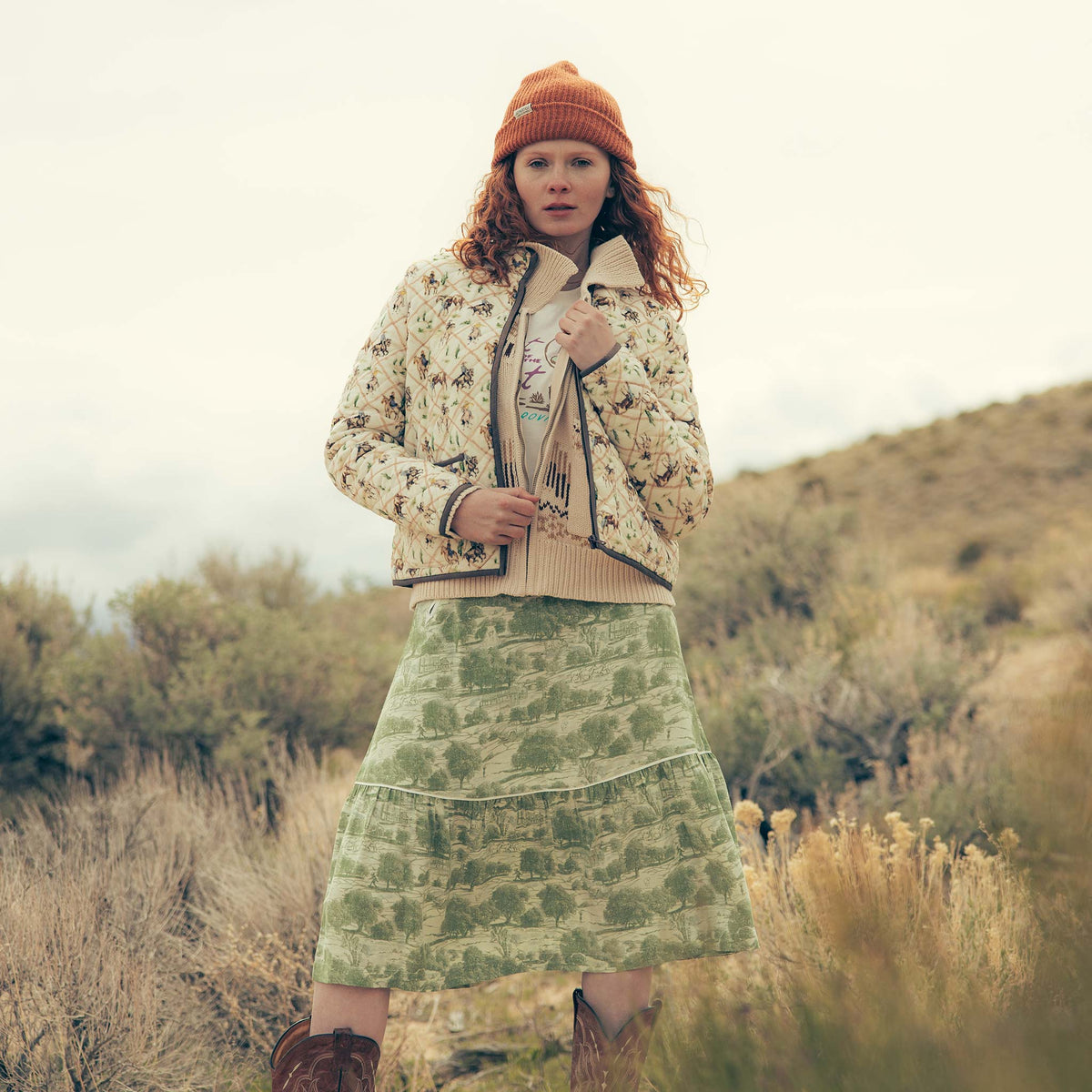 Cheyenne Western Skirt - Mint Green - Aurora Print