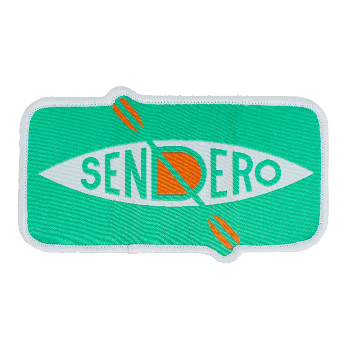A green patch with the Sendero logo, featuring a stylized kayak and paddles, on a white background.